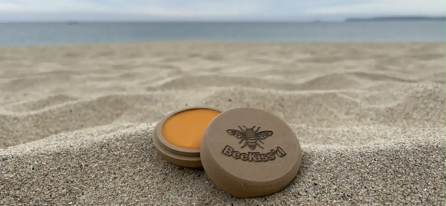 BeeKiss'd Lavender lip balm in a wooden compostable pot