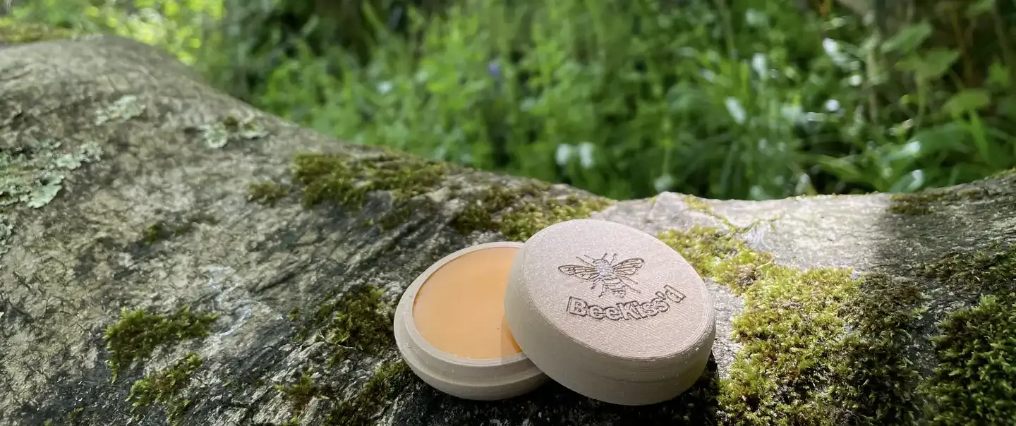 Compostable wooden lip-balm pot beside fresh greenery